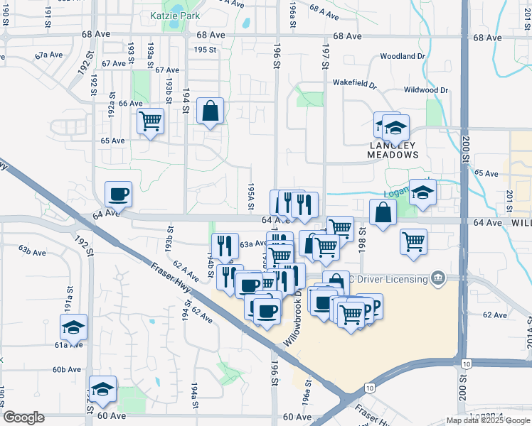 map of restaurants, bars, coffee shops, grocery stores, and more near 19574 64 Avenue in Surrey