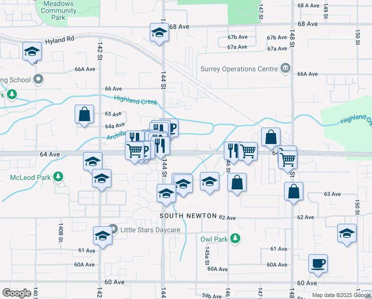 map of restaurants, bars, coffee shops, grocery stores, and more near in Surrey