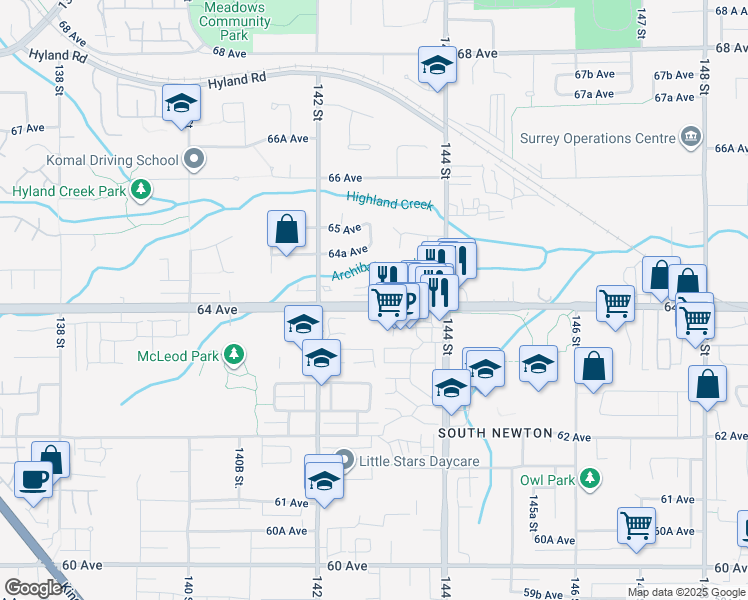 map of restaurants, bars, coffee shops, grocery stores, and more near in Surrey