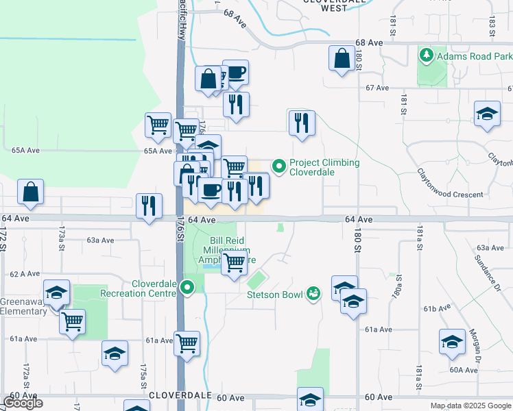 map of restaurants, bars, coffee shops, grocery stores, and more near 17767 64 Avenue in Surrey