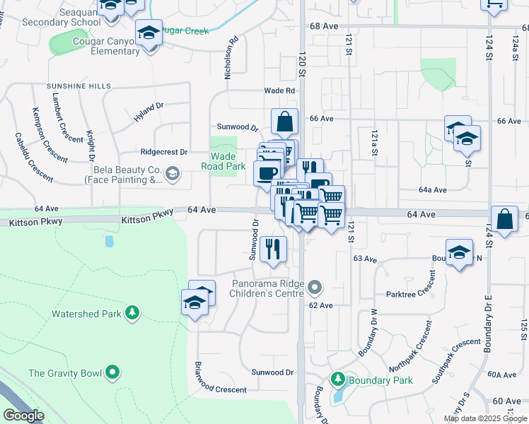 map of restaurants, bars, coffee shops, grocery stores, and more near 1278 64 Avenue in Delta