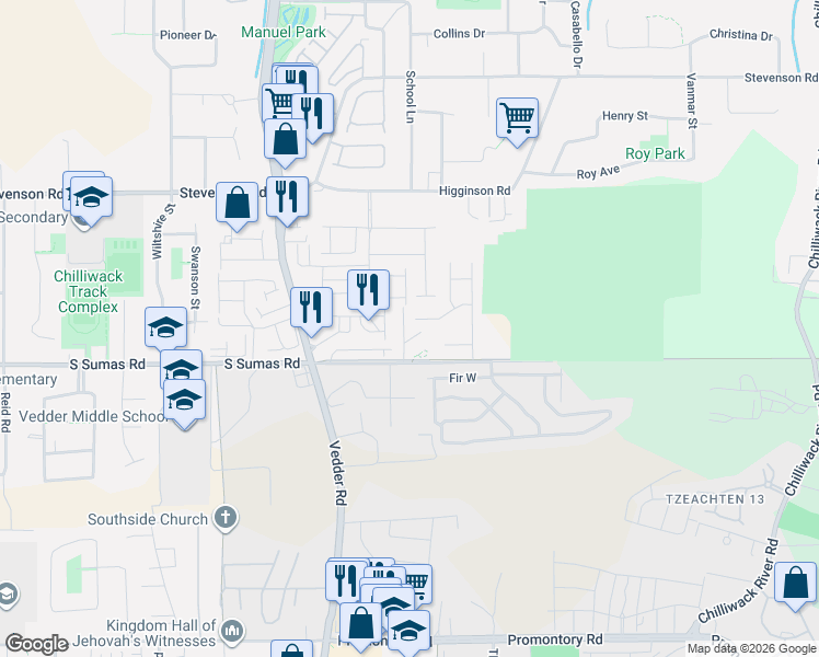 map of restaurants, bars, coffee shops, grocery stores, and more near 45875 South Sumas Road in Chilliwack