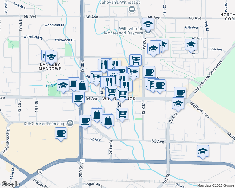 map of restaurants, bars, coffee shops, grocery stores, and more near 20193 64 Avenue in Langley