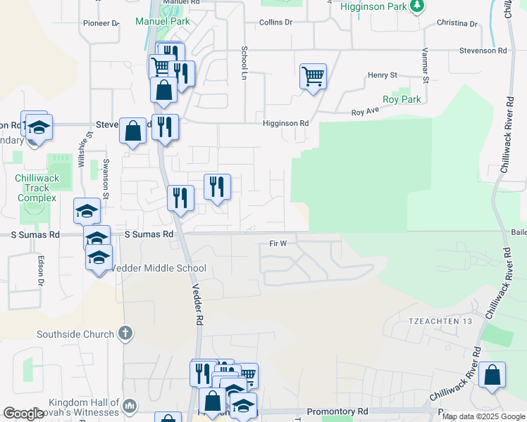 map of restaurants, bars, coffee shops, grocery stores, and more near 45944 Birdie Place in Chilliwack