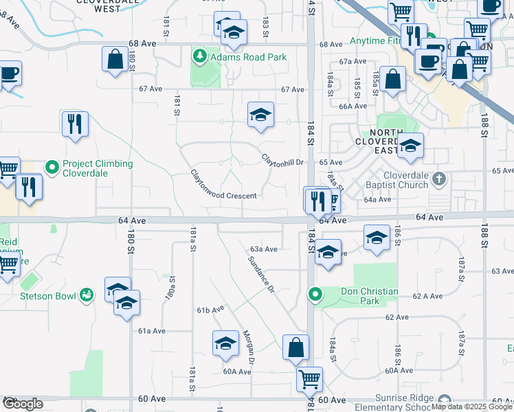 map of restaurants, bars, coffee shops, grocery stores, and more near 18290 Claytonwood Crescent in Surrey