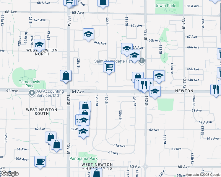 map of restaurants, bars, coffee shops, grocery stores, and more near 13017 64 Avenue in Surrey