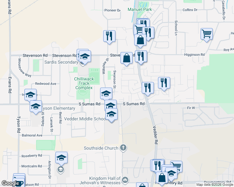 map of restaurants, bars, coffee shops, grocery stores, and more near 6442 Swanson Street in Chilliwack