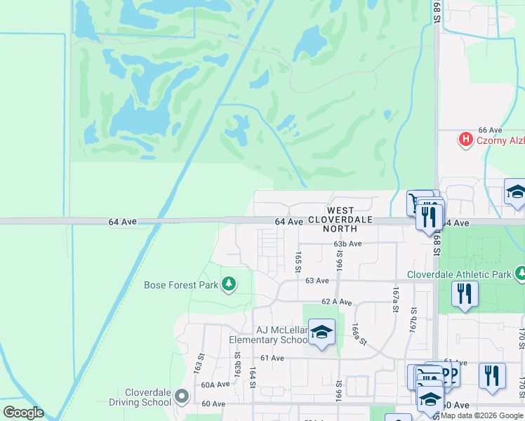 map of restaurants, bars, coffee shops, grocery stores, and more near 16421 64 Avenue in Surrey