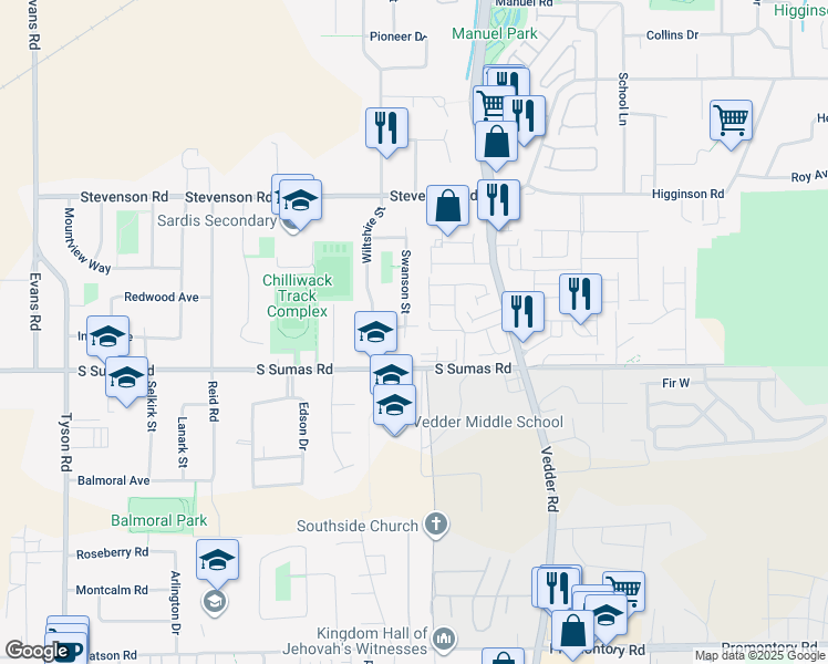 map of restaurants, bars, coffee shops, grocery stores, and more near 6442 Swanson Street in Chilliwack