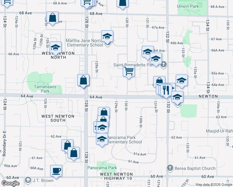 map of restaurants, bars, coffee shops, grocery stores, and more near 12945 64 Avenue in Surrey
