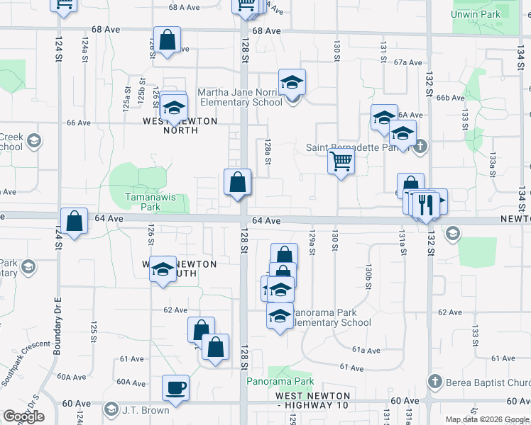 map of restaurants, bars, coffee shops, grocery stores, and more near 12845 64 Avenue in Surrey