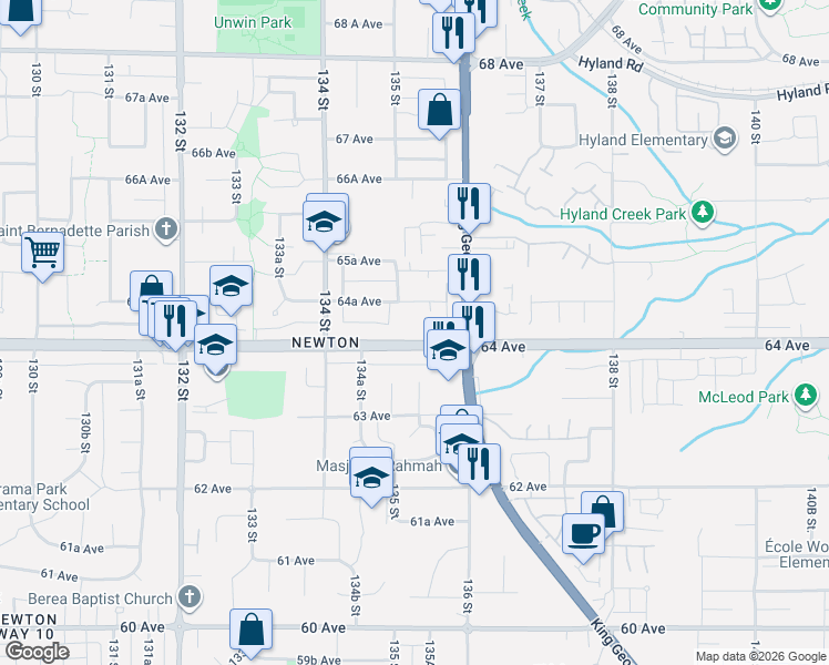 map of restaurants, bars, coffee shops, grocery stores, and more near 13525 64 Avenue in Surrey