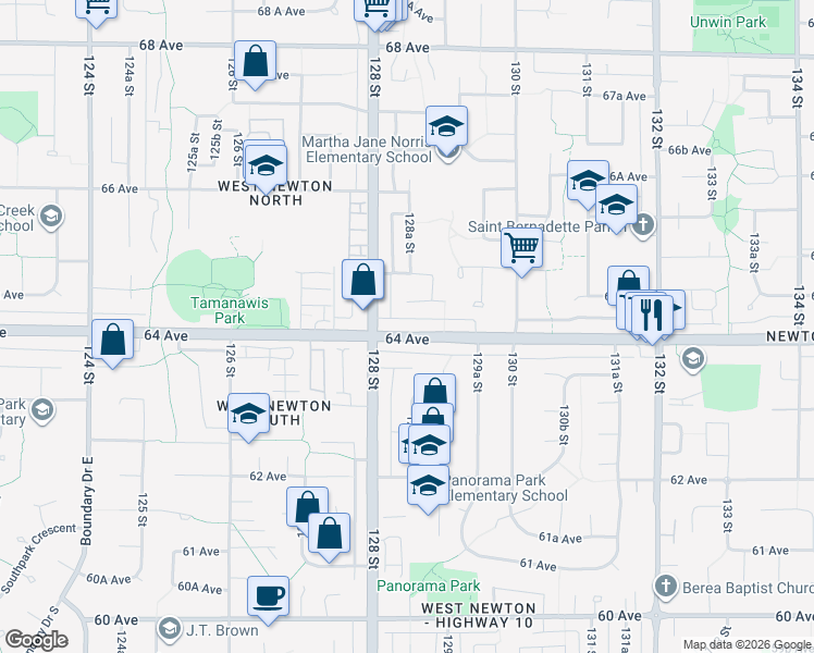 map of restaurants, bars, coffee shops, grocery stores, and more near 12845 64 Avenue in Surrey
