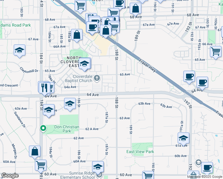 map of restaurants, bars, coffee shops, grocery stores, and more near 6450 187 Street in Surrey