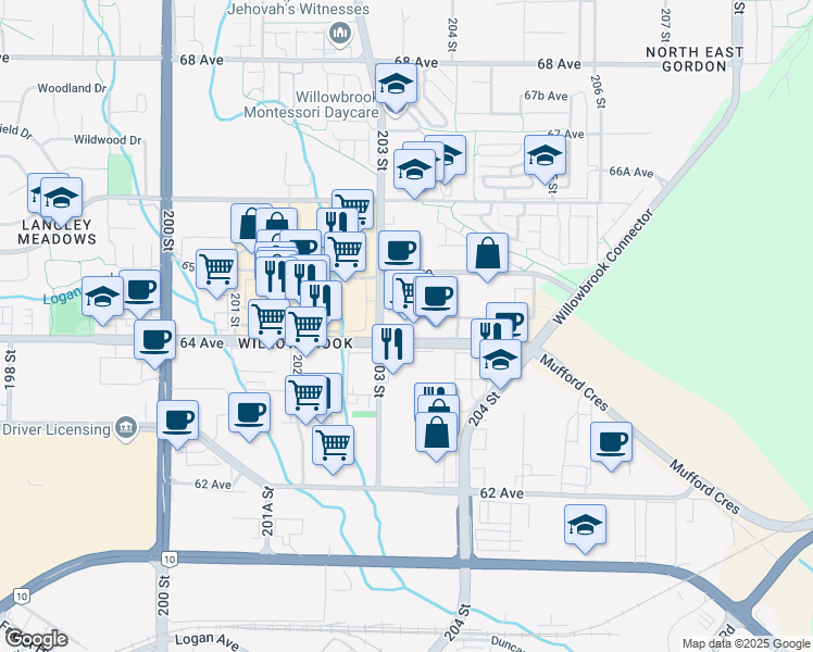 map of restaurants, bars, coffee shops, grocery stores, and more near 20353 64 Avenue in Langley
