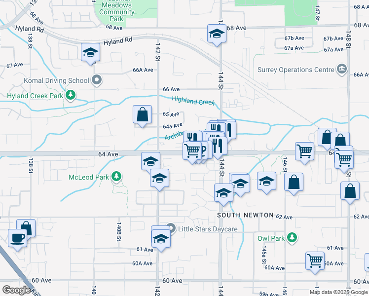 map of restaurants, bars, coffee shops, grocery stores, and more near 14285 64 Avenue in Surrey