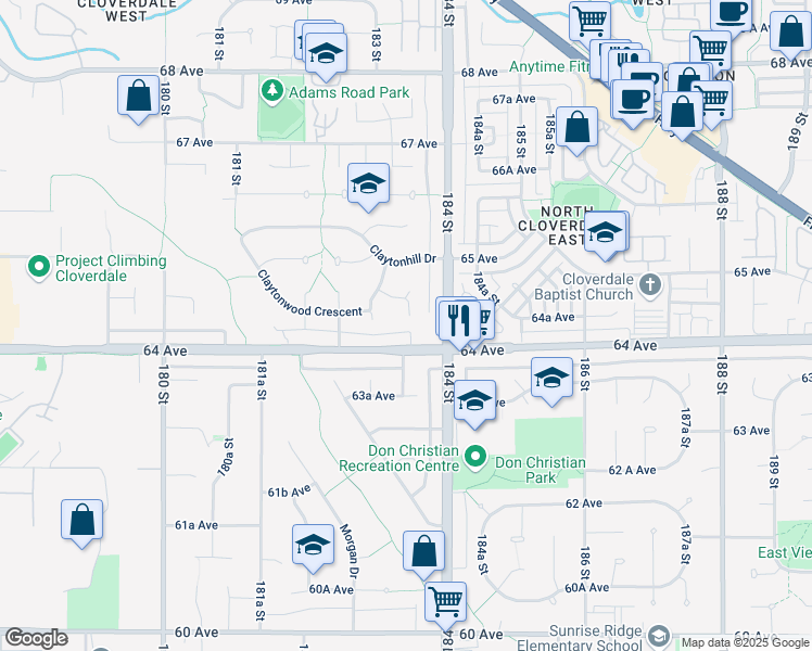 map of restaurants, bars, coffee shops, grocery stores, and more near 6440 Claytonwood Grove in Surrey