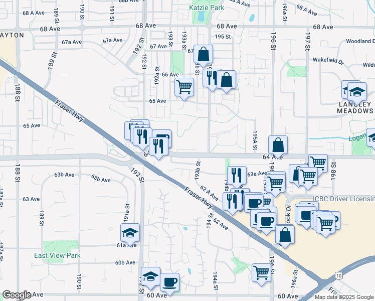 map of restaurants, bars, coffee shops, grocery stores, and more near 19299 64 Avenue in Surrey