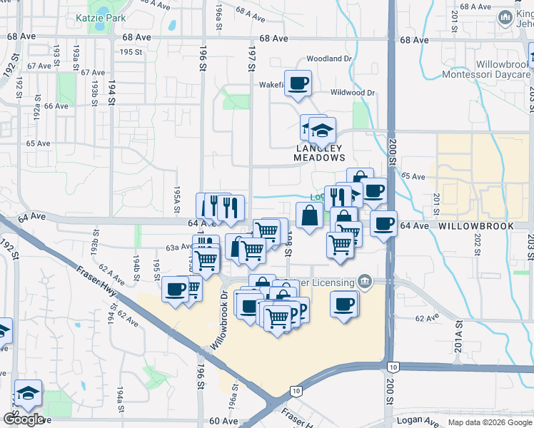 map of restaurants, bars, coffee shops, grocery stores, and more near 19721 64 Avenue in Langley Township