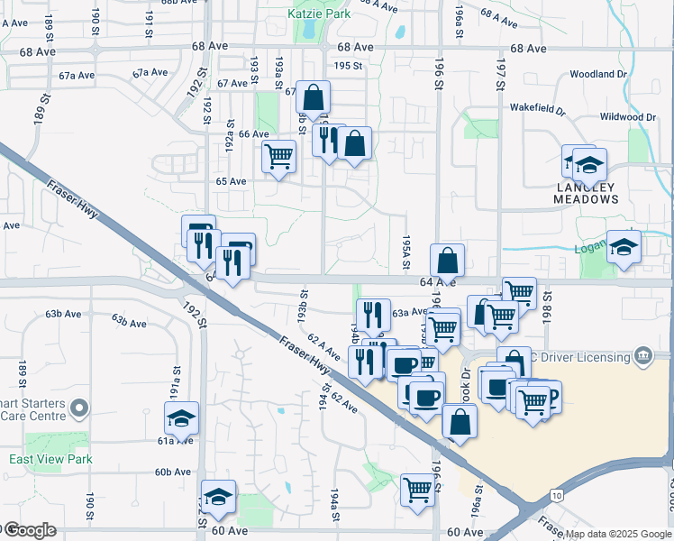 map of restaurants, bars, coffee shops, grocery stores, and more near 19428 64 Avenue in Surrey