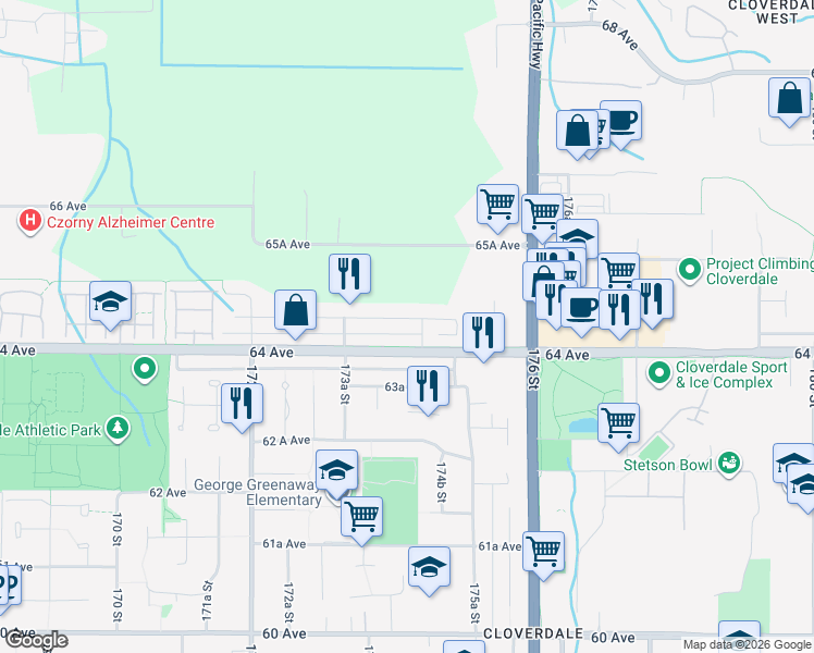map of restaurants, bars, coffee shops, grocery stores, and more near 17436 64A Avenue in Surrey