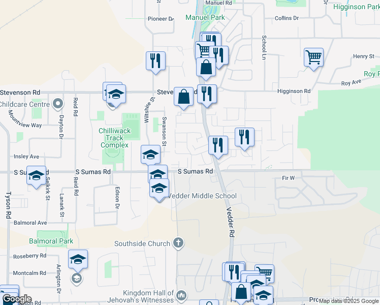 map of restaurants, bars, coffee shops, grocery stores, and more near Blackwood Lane in Chilliwack