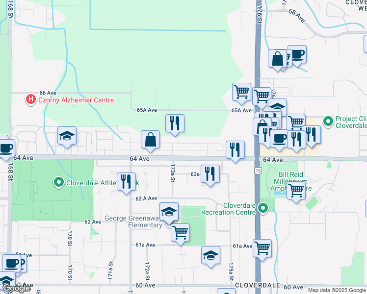 map of restaurants, bars, coffee shops, grocery stores, and more near 17372 64A Avenue in Surrey