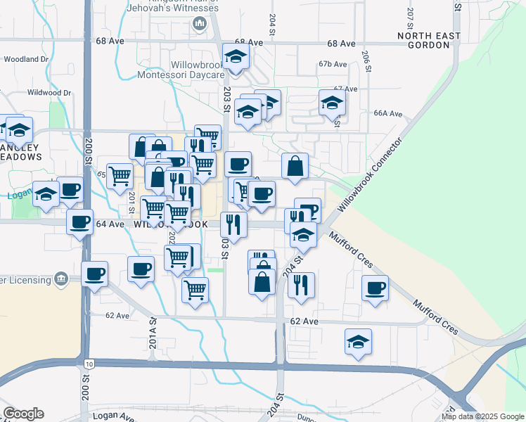 map of restaurants, bars, coffee shops, grocery stores, and more near 20353 64 Avenue in Langley