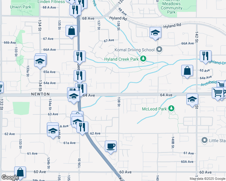 map of restaurants, bars, coffee shops, grocery stores, and more near 6418 137 A Street in Surrey