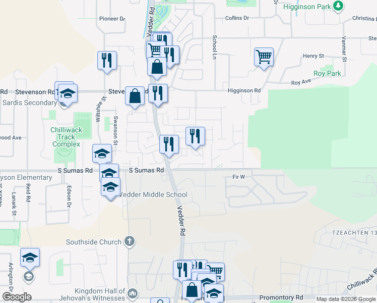 map of restaurants, bars, coffee shops, grocery stores, and more near 39 South Sumas Road in Chilliwack