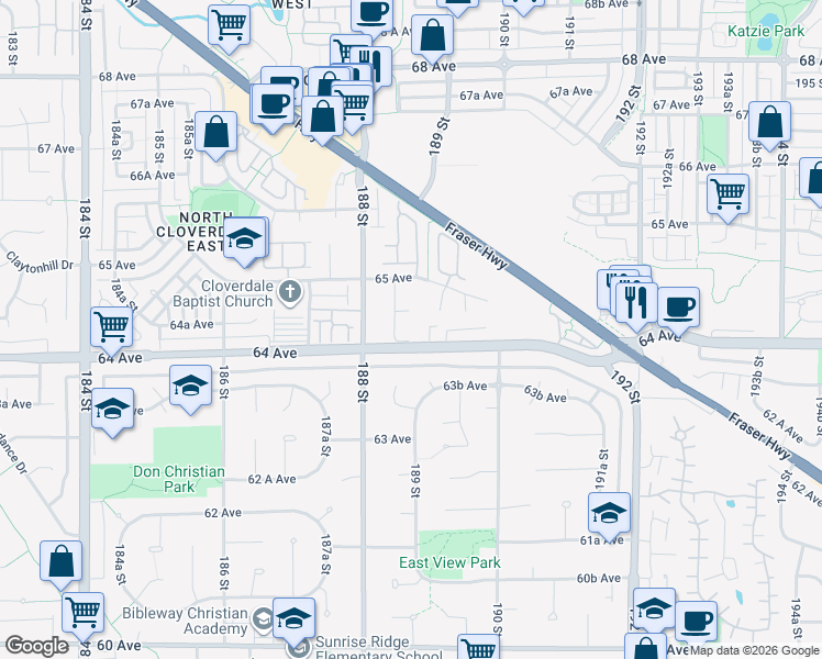 map of restaurants, bars, coffee shops, grocery stores, and more near 18861 64 Avenue in Surrey
