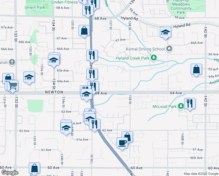 map of restaurants, bars, coffee shops, grocery stores, and more near 6411 137 Street in Surrey