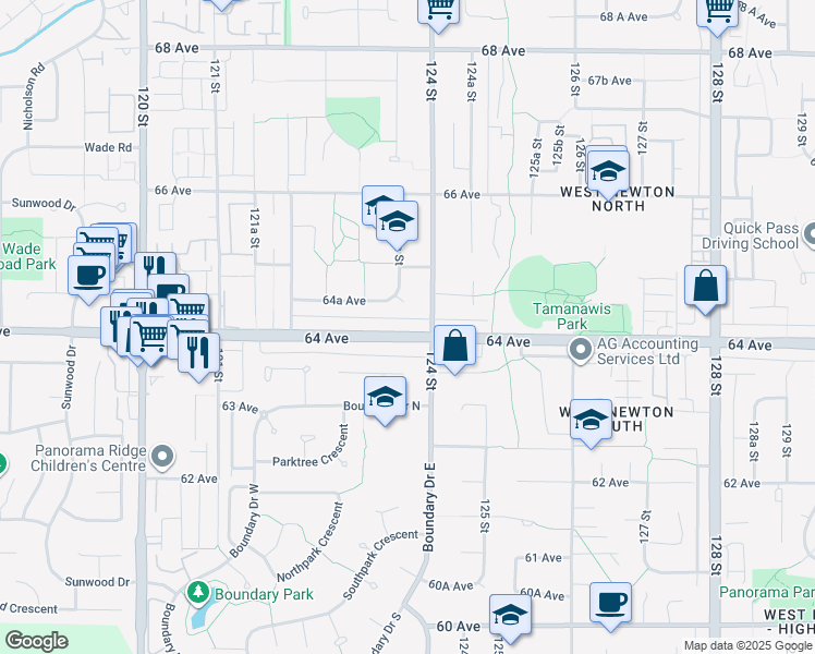map of restaurants, bars, coffee shops, grocery stores, and more near 12369 64 Avenue in Surrey