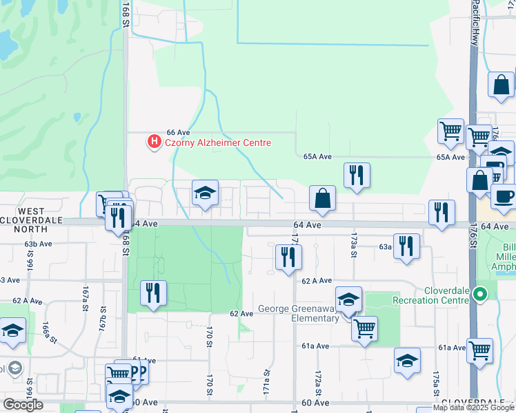 map of restaurants, bars, coffee shops, grocery stores, and more near 17097 64 Avenue in Surrey