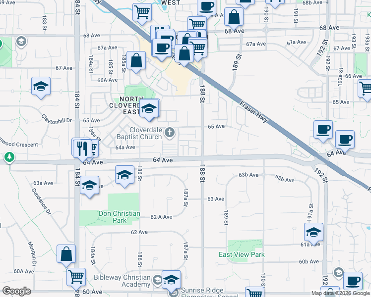 map of restaurants, bars, coffee shops, grocery stores, and more near 6450 187 Street in Surrey