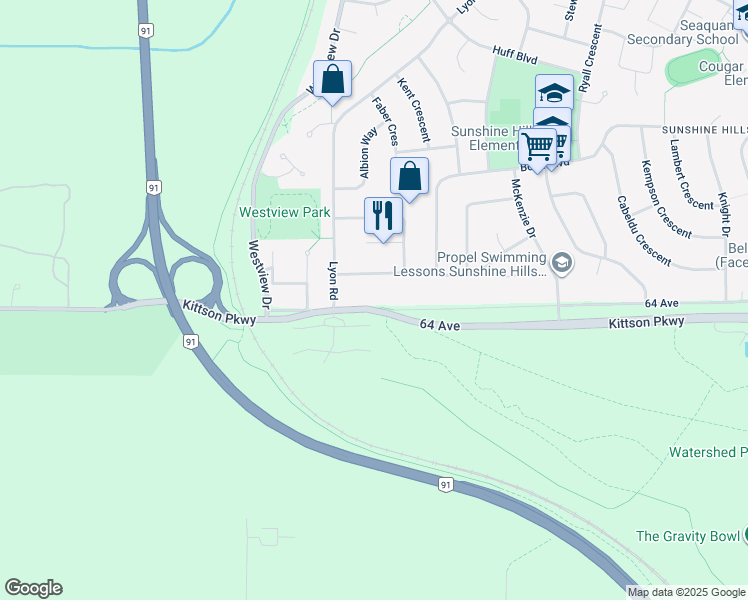 map of restaurants, bars, coffee shops, grocery stores, and more near 10995 64 Avenue in Delta