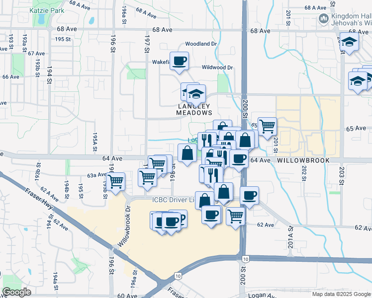 map of restaurants, bars, coffee shops, grocery stores, and more near 19835 64 Avenue in Langley