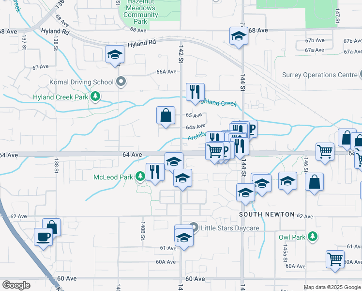map of restaurants, bars, coffee shops, grocery stores, and more near 6395 142 Street in Surrey