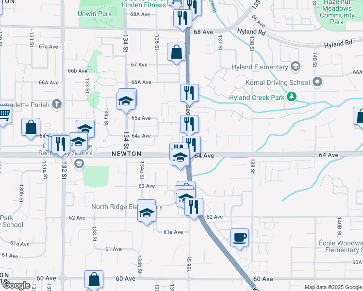 map of restaurants, bars, coffee shops, grocery stores, and more near 6421 King George Boulevard in Surrey