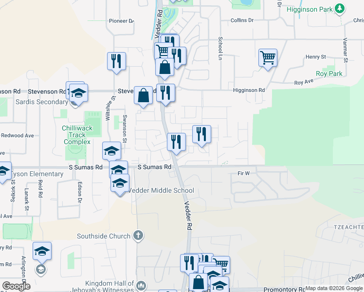 map of restaurants, bars, coffee shops, grocery stores, and more near 39 South Sumas Road in Chilliwack