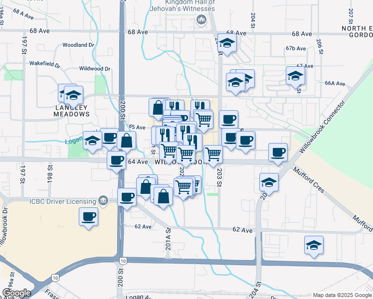 map of restaurants, bars, coffee shops, grocery stores, and more near 6360 202 Street in Langley