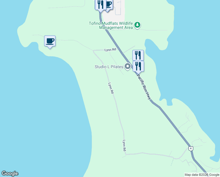 map of restaurants, bars, coffee shops, grocery stores, and more near 1257 Lynn Road in Tofino