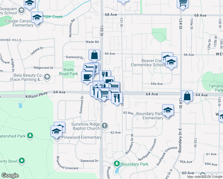 map of restaurants, bars, coffee shops, grocery stores, and more near 12039 64 Avenue in Surrey