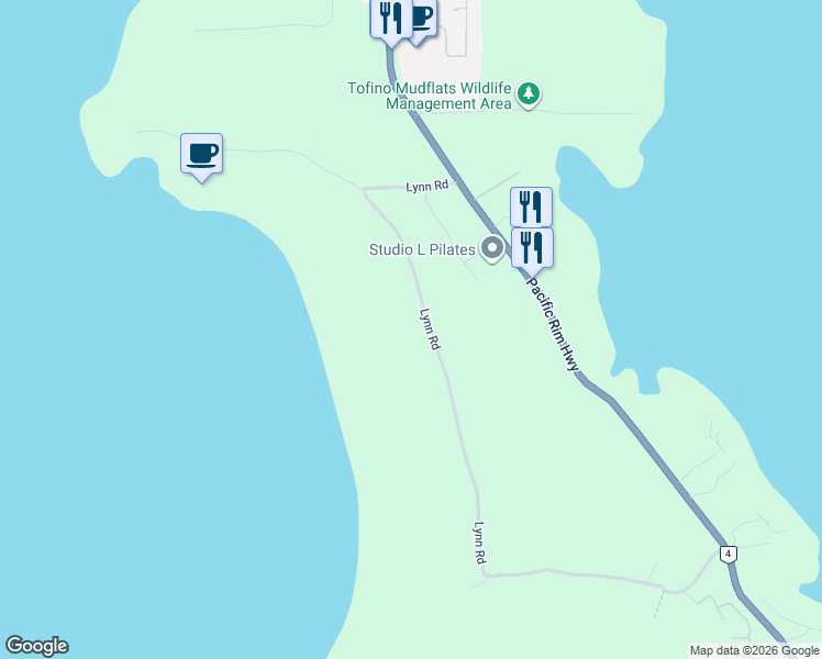 map of restaurants, bars, coffee shops, grocery stores, and more near 1257 Lynn Road in Tofino