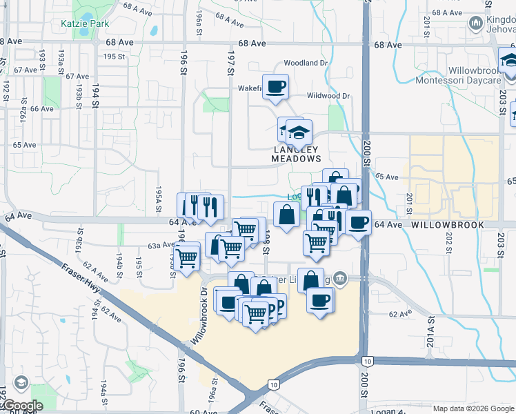 map of restaurants, bars, coffee shops, grocery stores, and more near 19797 64 Avenue in Langley Township
