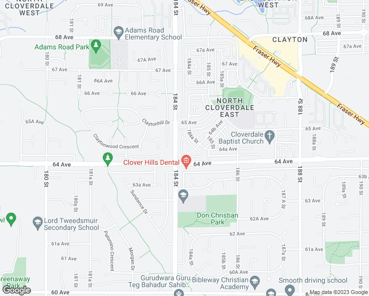 map of restaurants, bars, coffee shops, grocery stores, and more near 6465 184A Street in Surrey