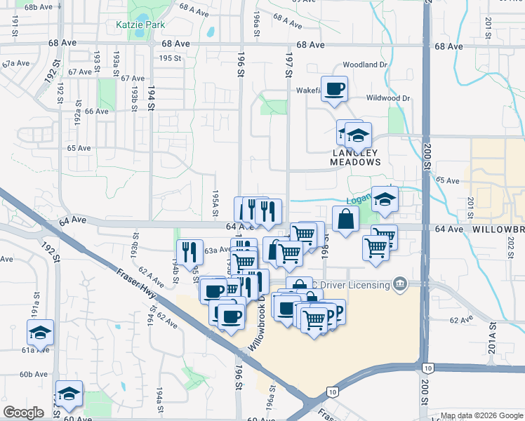 map of restaurants, bars, coffee shops, grocery stores, and more near 19645 64 Avenue in Langley Township