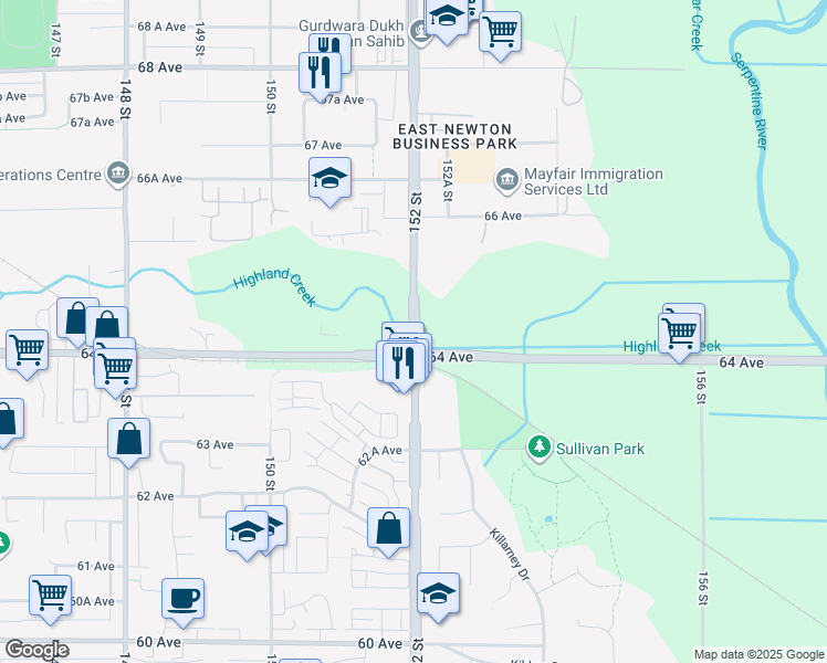 map of restaurants, bars, coffee shops, grocery stores, and more near 152 Street in Surrey