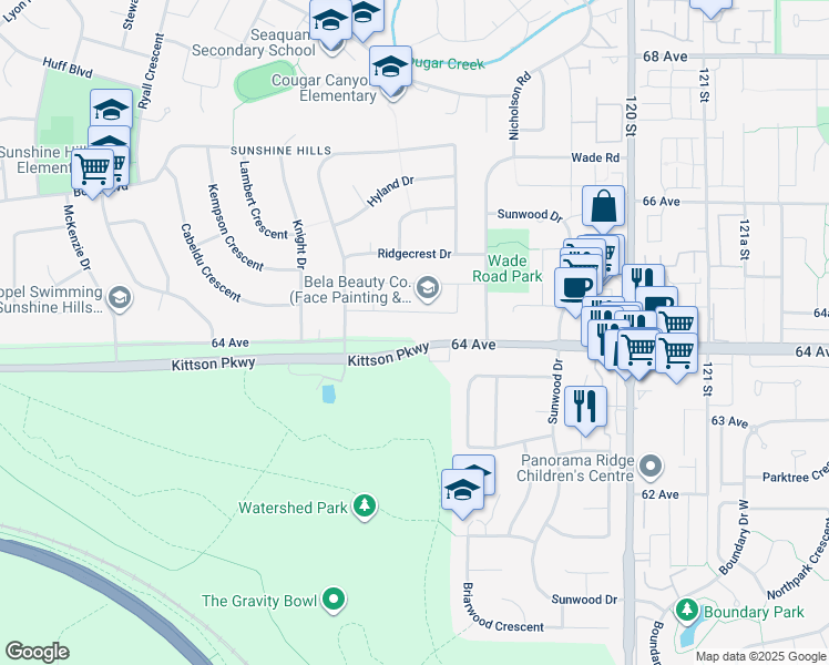 map of restaurants, bars, coffee shops, grocery stores, and more near 11695 64 Avenue in Delta