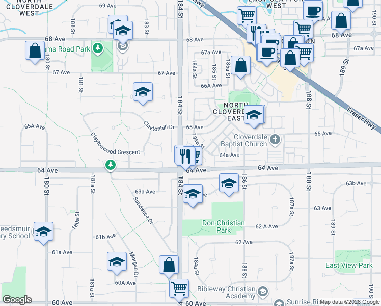 map of restaurants, bars, coffee shops, grocery stores, and more near 6465 184A Street in Surrey